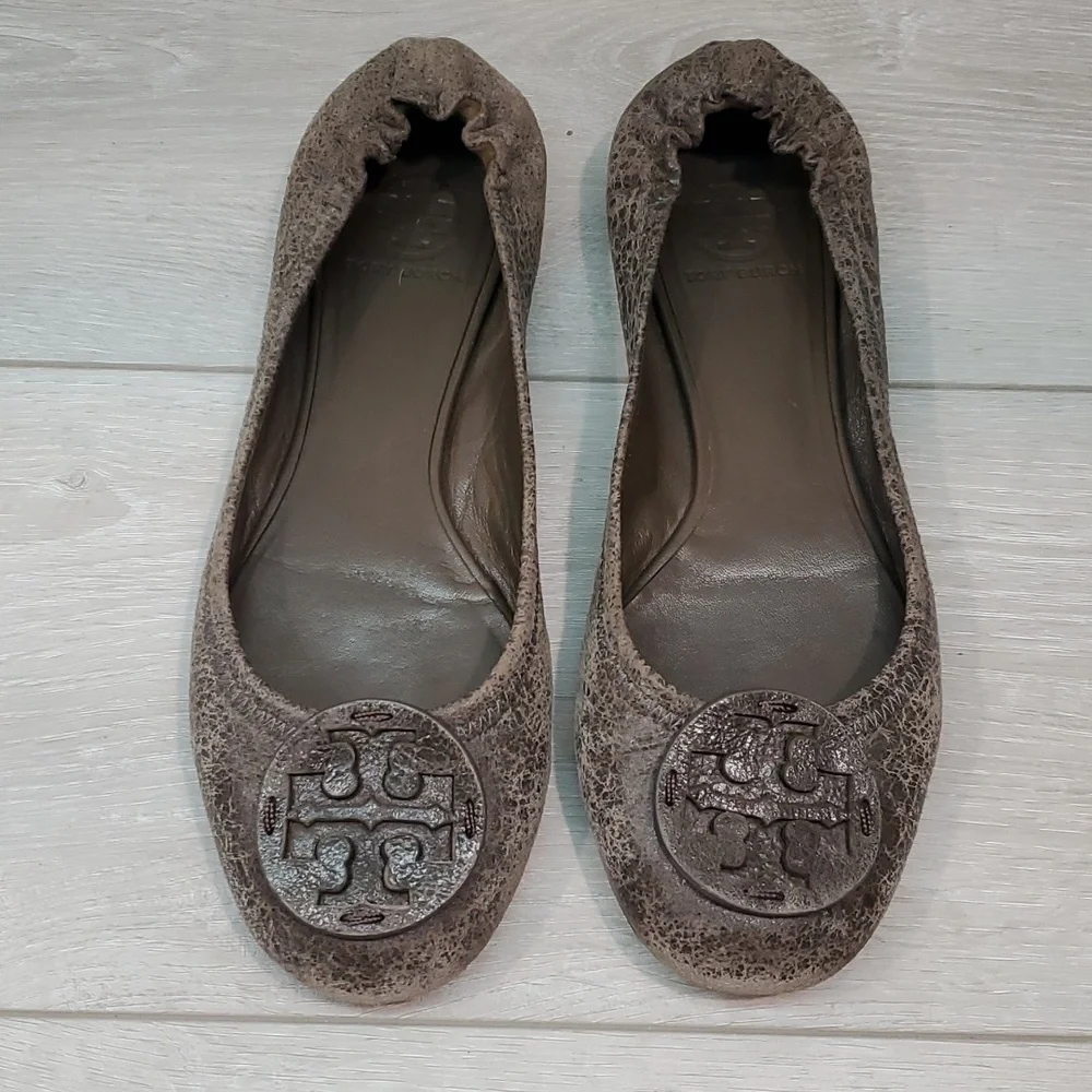 Tory Burch Womens Classic Reva brown distressed Leather Flats Ballet shoes sz 9M
